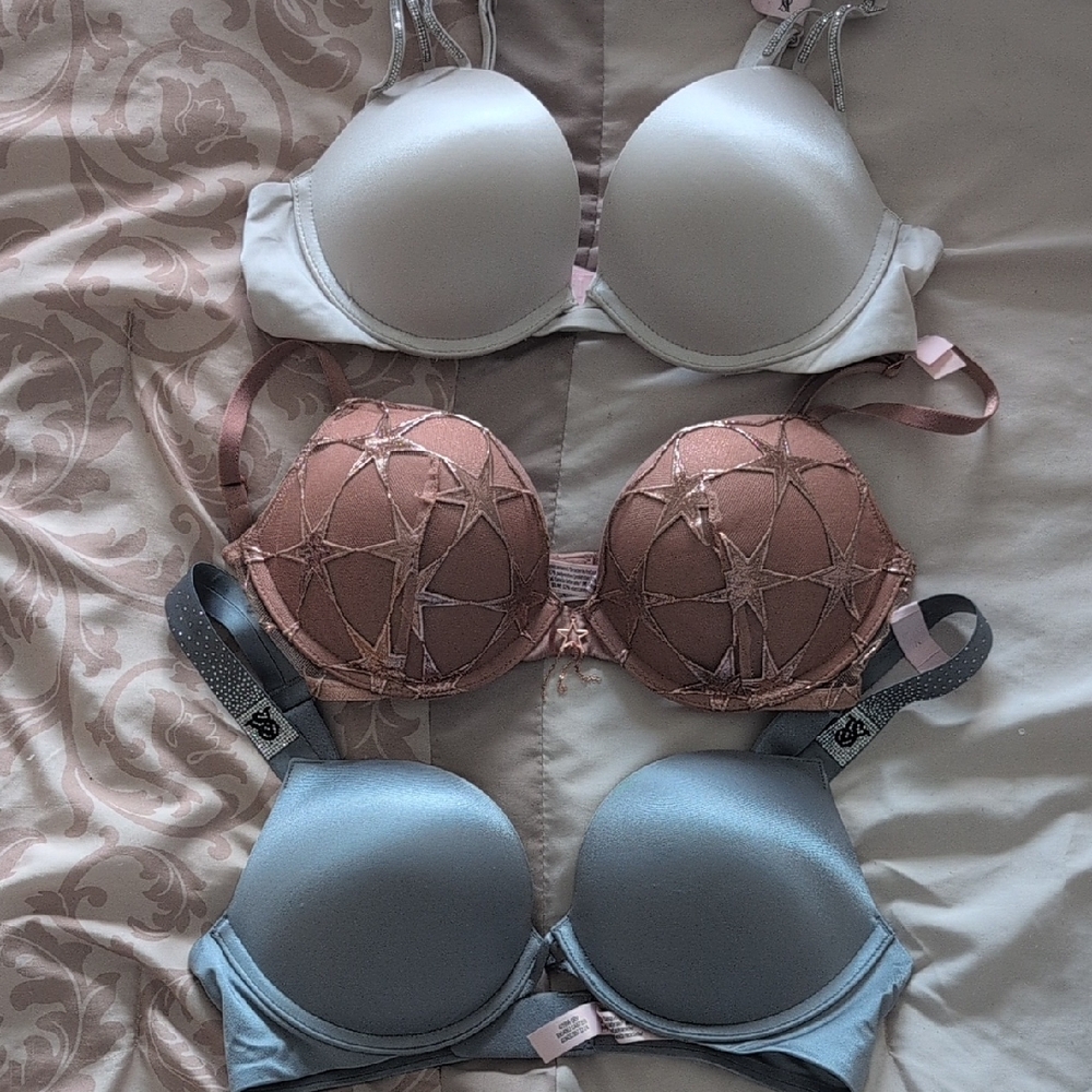 Victoria's Secret Bra Trio - White, Brown, and Gray